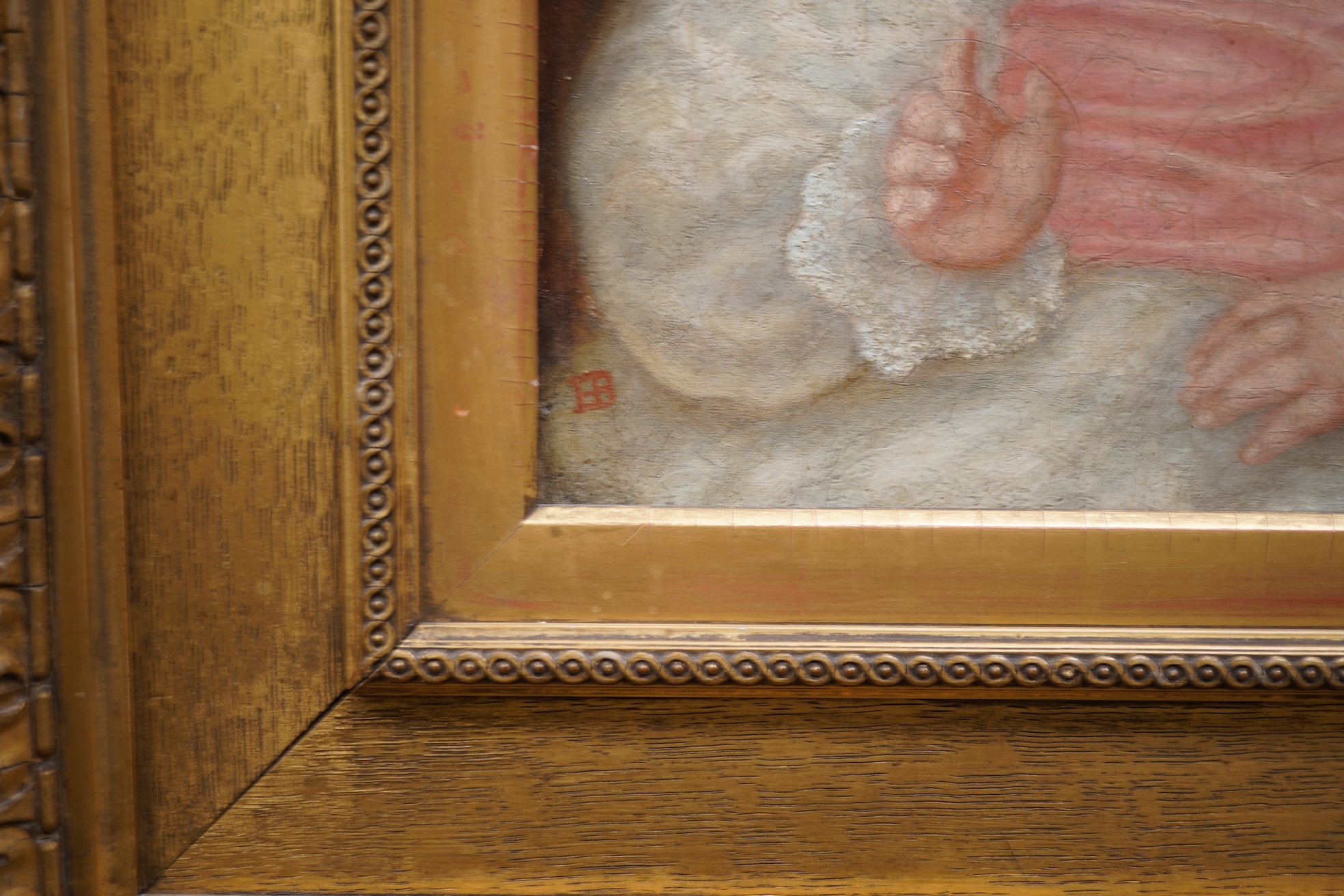Monogrammist E.B., Half-length portrait of a young girl wearing a pink bow